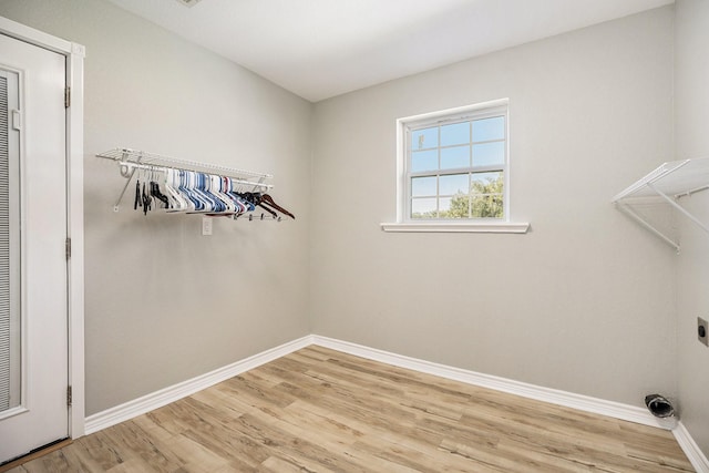 clothes washing area featuring electric dryer hookup and light hardwood / wood-style flooring