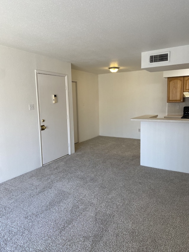 unfurnished living room featuring carpet and a textured ceiling