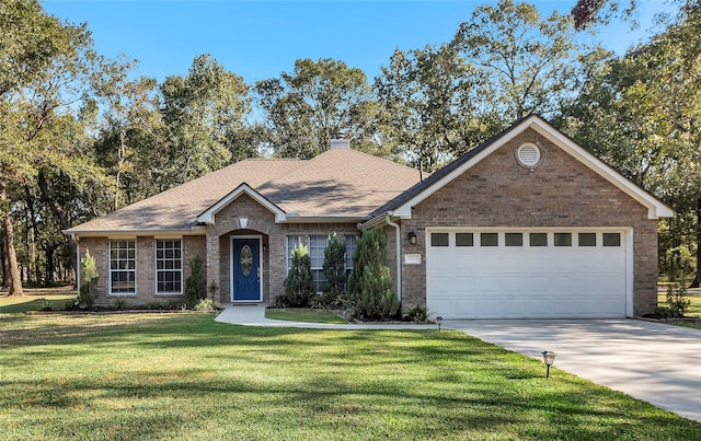 ranch-style house with a front yard and a garage