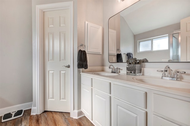 bathroom featuring vanity and hardwood / wood-style flooring