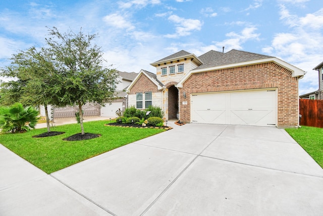 view of front of home with a front lawn and a garage