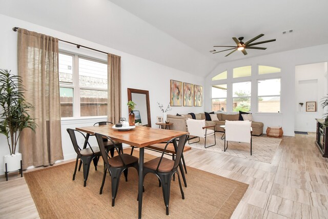 dining area featuring ceiling fan, lofted ceiling, and a wealth of natural light