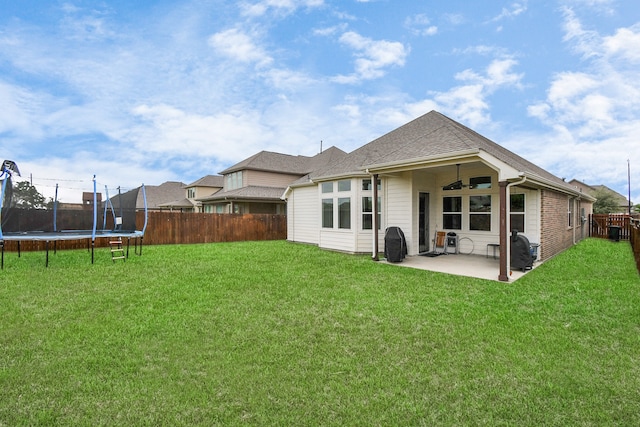 back of property featuring a patio, a trampoline, and a lawn