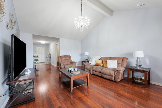 living room with beam ceiling, a notable chandelier, high vaulted ceiling, and hardwood / wood-style floors