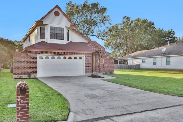 view of property with a garage, a front lawn, and central air condition unit