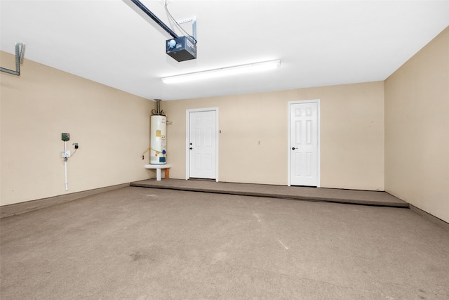 garage with water heater and a garage door opener