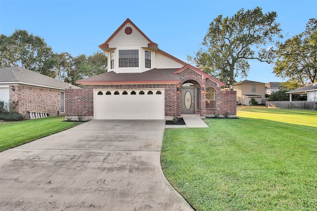 view of front of home featuring a front yard and a garage