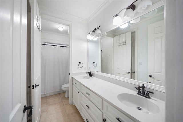 bathroom featuring toilet, vanity, crown molding, a shower with shower curtain, and tile patterned flooring