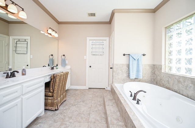 bathroom featuring vanity, a relaxing tiled tub, a wealth of natural light, and crown molding