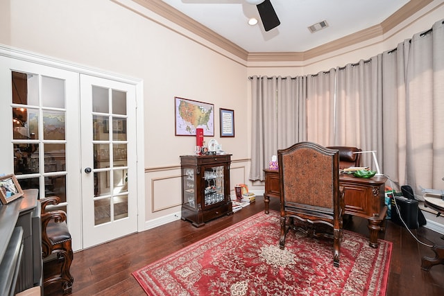 sitting room featuring french doors, dark hardwood / wood-style floors, ceiling fan, and ornamental molding