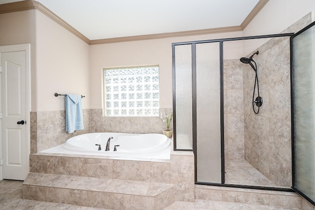 bathroom featuring crown molding and plus walk in shower