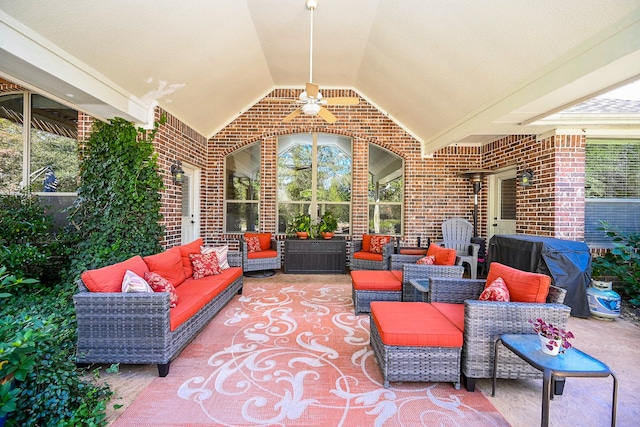 view of patio with outdoor lounge area, ceiling fan, and grilling area