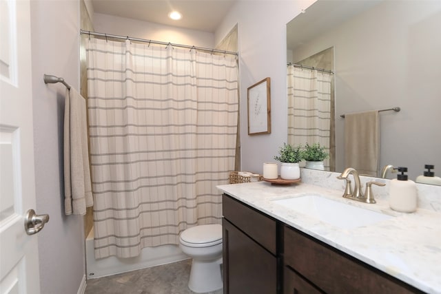 full bathroom featuring vanity, shower / bathtub combination with curtain, and toilet