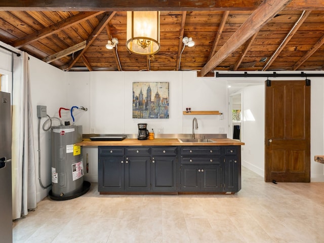 kitchen featuring sink, butcher block counters, lofted ceiling with beams, wooden ceiling, and electric water heater