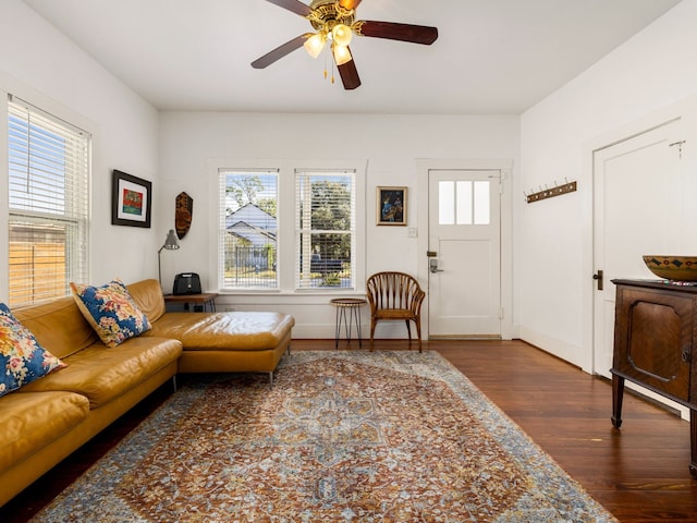 living room with ceiling fan and dark hardwood / wood-style flooring