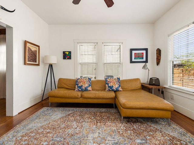 living room with ceiling fan and hardwood / wood-style flooring