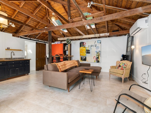 living room featuring wood ceiling, beam ceiling, a wall mounted air conditioner, sink, and a barn door