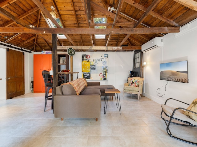 tiled living room with an AC wall unit, beam ceiling, wooden ceiling, a barn door, and high vaulted ceiling