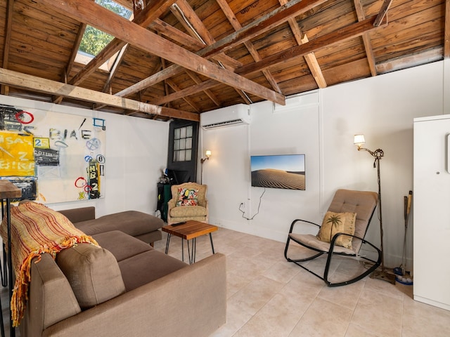 tiled living room with wood ceiling, an AC wall unit, and vaulted ceiling with beams