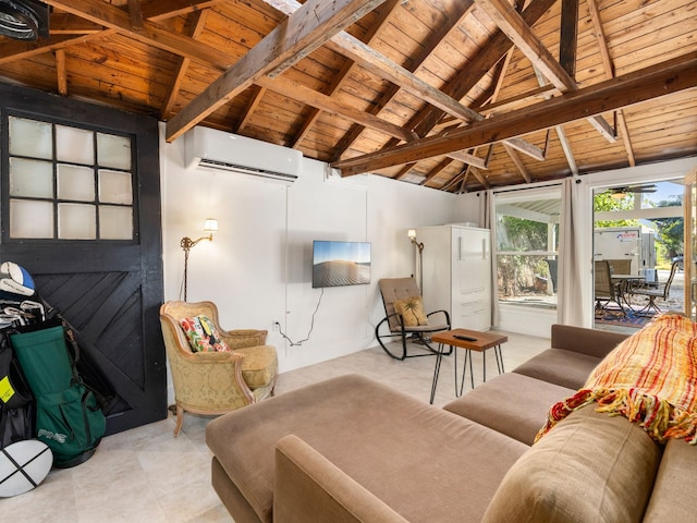 tiled living room with wood ceiling, lofted ceiling with beams, and an AC wall unit