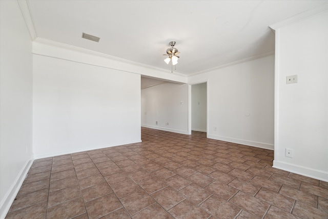 empty room featuring crown molding and ceiling fan