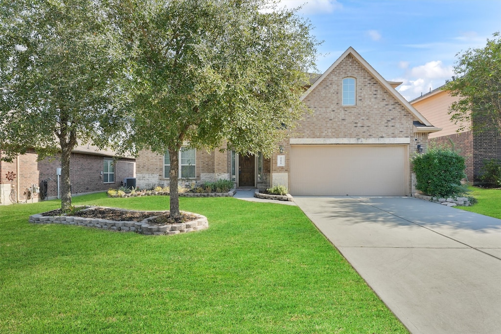 obstructed view of property with a front lawn, brick siding, and concrete driveway