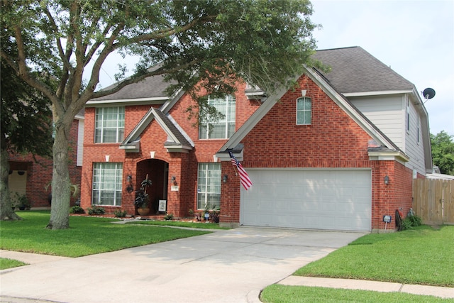 view of property featuring a front yard and a garage