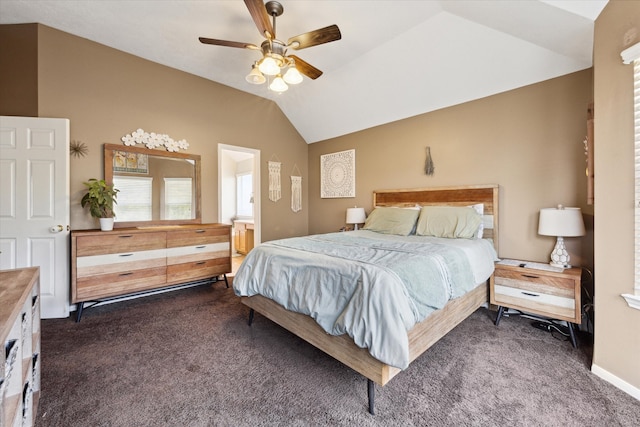 carpeted bedroom featuring ceiling fan and vaulted ceiling