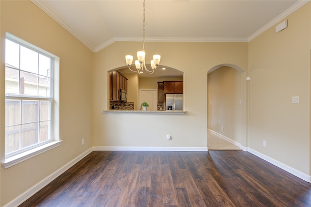 unfurnished dining area featuring dark hardwood / wood-style flooring, lofted ceiling, and crown molding