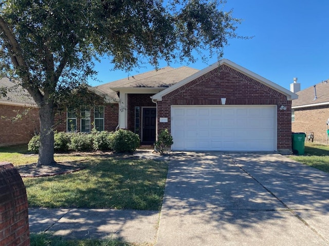 single story home featuring a front lawn and a garage