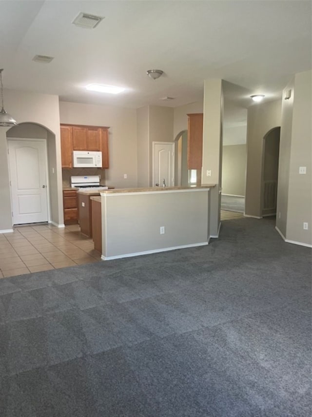 kitchen featuring range and light colored carpet