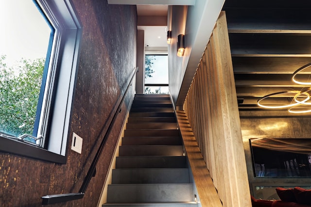 stairway featuring a healthy amount of sunlight and wood-type flooring