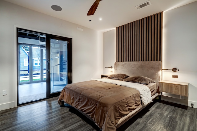 bedroom with ceiling fan, access to outside, and dark hardwood / wood-style flooring