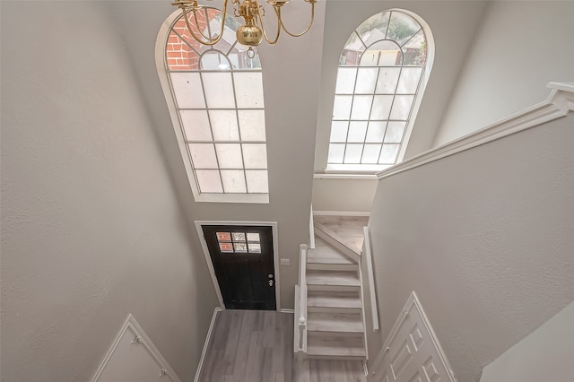 foyer with a notable chandelier, hardwood / wood-style flooring, and plenty of natural light