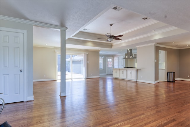 unfurnished living room with crown molding, a raised ceiling, and wood-type flooring