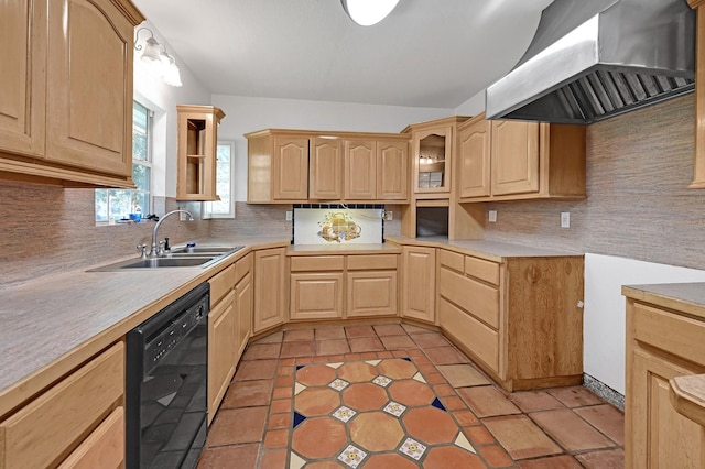 kitchen with light brown cabinetry, wall chimney exhaust hood, sink, black dishwasher, and light tile patterned flooring