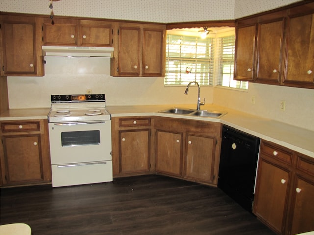 kitchen with sink, black dishwasher, electric range, and dark hardwood / wood-style flooring