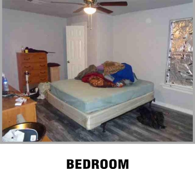 5417 Caplin St, Houston, TX 77026 - bedroom featuring a ceiling fan, baseboards, and wood finished floors