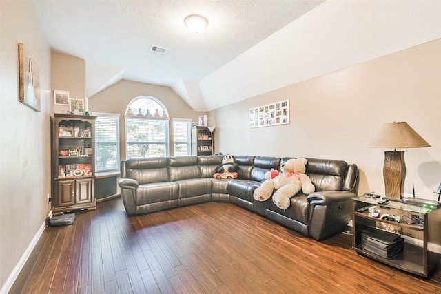 living room featuring a textured ceiling, lofted ceiling, and hardwood / wood-style flooring