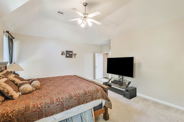 bedroom featuring ceiling fan and light colored carpet