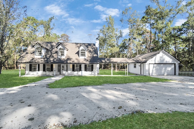 cape cod home with a front yard, an outbuilding, and a garage