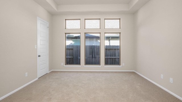 unfurnished room featuring light carpet and a tray ceiling