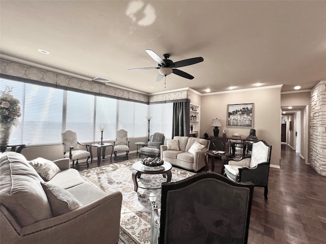 living room featuring crown molding, dark hardwood / wood-style floors, and ceiling fan