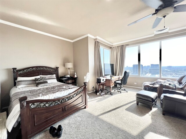 bedroom with light carpet, crown molding, and ceiling fan