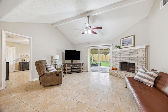 tiled living room with beamed ceiling, a textured ceiling, a fireplace, high vaulted ceiling, and ceiling fan