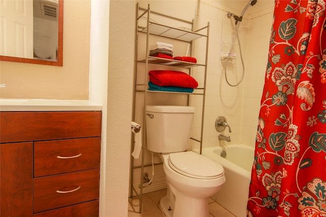 full bathroom with vanity, shower / tub combo, toilet, and tile patterned floors