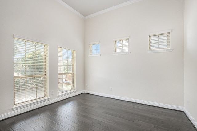 empty room with crown molding, a towering ceiling, and dark hardwood / wood-style flooring