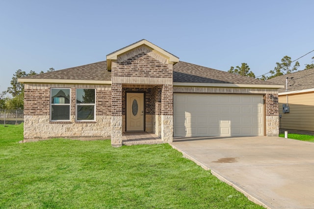 ranch-style home with a front lawn and a garage