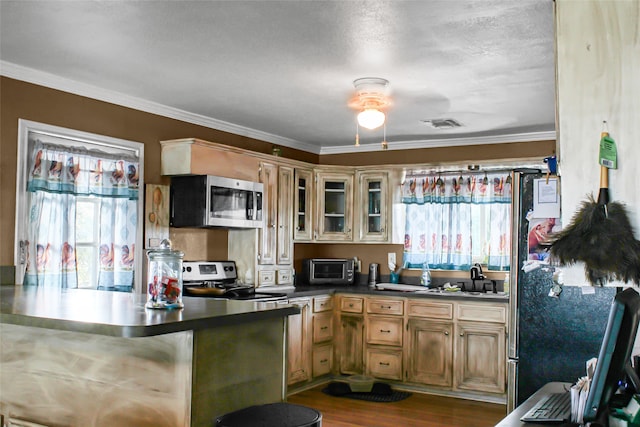 kitchen with appliances with stainless steel finishes, sink, dark hardwood / wood-style flooring, ceiling fan, and crown molding