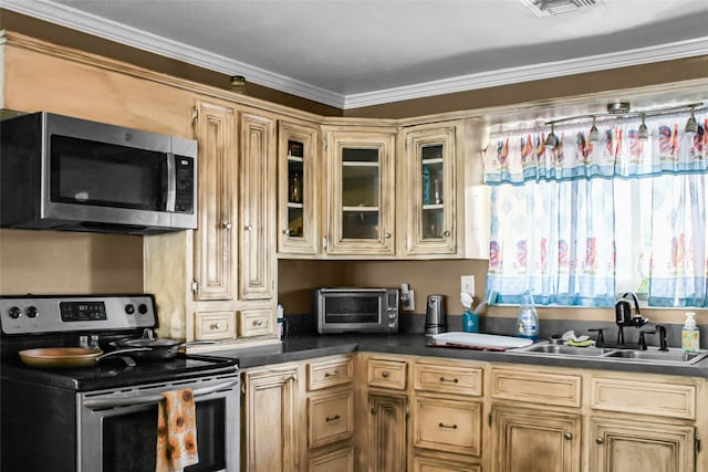 kitchen featuring ornamental molding, stainless steel appliances, and sink